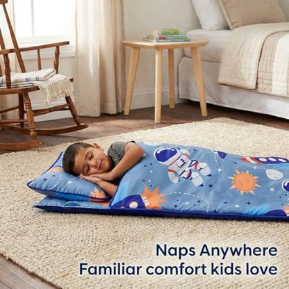 EVERYDAY KIDS Nap Mat w/Removable Pillow -Outer Space Adventures- Carry Handle with Straps Closure, Rollup Design, Soft Microfiber for Preschool, Daycare, Travel Sleeping Bag - Ages 3-6 Years - color: Outer Space Adventures