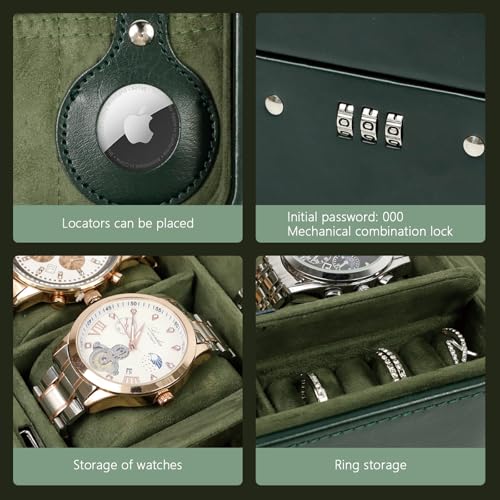 KAMIER Watch Case with Combination Lock - 4 Watch Storage and Jewelry Organizer - Watch Travel Case for Ring and Watch Storage, PU Leather Travel Watch Case, Ideal for Gift (With Gift Box), Green - color: Green