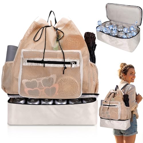 Mesh Beach Drawstring Backpack with Cooler Beach Bags Sandproof Swim Bags Leakproof with Zipper for Seaside Pool Travel - color: Khaki