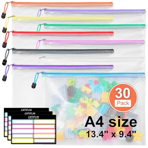 CATIFLIN 30 Pack Mesh Zipper Pouch Bags, A4 Letter Size, Clear Plastic Zip Bags for Board Game & Puzzle Storage, Waterproof & Durable Document Bags for Office, School, Travel, Art & Craft Supplies