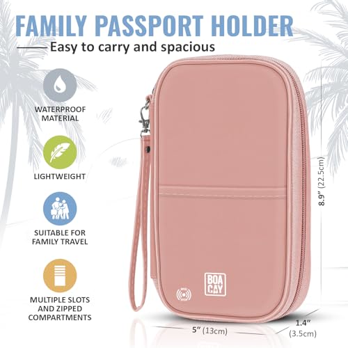 BOACAY Travel Document Organizer with RFID, Family Passport Holder, Wallet for Women & Men, Portable & Waterproof Case for Cards, Boarding Pass, Money - color: Dusty Rose