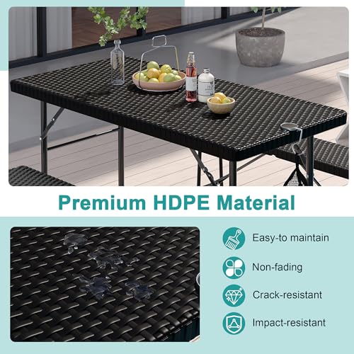 VECELO 3 Piece Folding Picnic Table with 2 Benches, 47.2" Faux Rattan Patio Set with Mesh Bag, Heat-Resistant & Waterproof, for Indoor Outdoor Use, Black