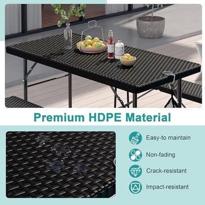 VECELO 3 Piece Folding Picnic Table with 2 Benches, 47.2" Faux Rattan Patio Set with Mesh Bag, Heat-Resistant & Waterproof, for Indoor Outdoor Use, Black