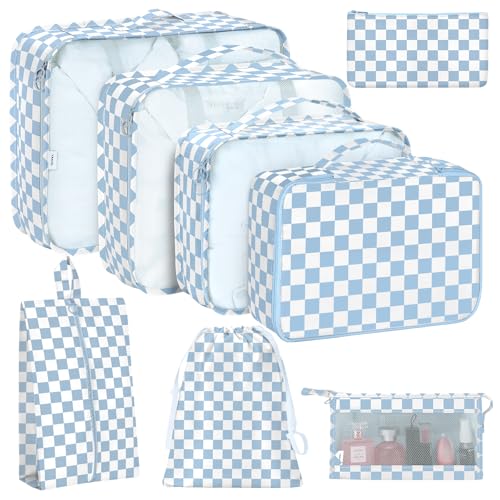 8 Set Packing Cubes for Travel, Luggage Packing Organizers Accessories Large Toiletries Bag for Clothes Shoes Cosmetics (Blue Checkered) - color: 8Set-Blue Checkered