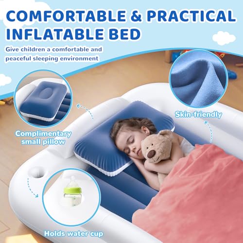 Inflatable Toddler Travel Bed - 60 Inches Portable Toddler Bed for Travel with Safety Sides - Cozy Kids Air Mattress Set with Built-in Electric Pump & Carry Case- Easy to Inflate - Sea Blue - color: Blue