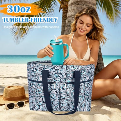 HUANLANG Large Beach Bags for Women Pool Bag with Zipper, Waterproof Sandproof Beach Tote Travel Bag with Wet Pocket - color: Blue Floral