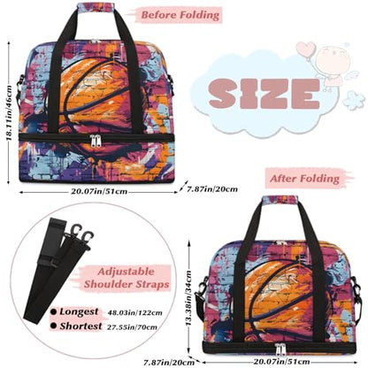 Travel Duffel Bag Basketball Graffiti Weekender Bag with Shoe Compartment Foldable Overnight Bags for Travel Sports Lightweight Gym Bags for Men Women - color: Basketball Graffiti