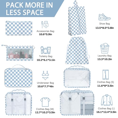 8 Set Packing Cubes for Travel, Luggage Packing Organizers Accessories Large Toiletries Bag for Clothes Shoes Cosmetics (Blue Checkered) - color: 8Set-Blue Checkered