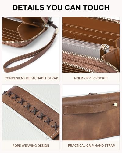 BOSTANTEN Wallets for Women Leather RFID Double Zipper Around Credit Card Holder Large Capacity Wristlet Clutch Wallet - color: Beige＆brown