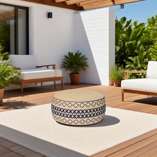 Outdoor Inflatable Ottoman with Air Pump, Embroidery Patio Footrest Stool D21”x H9”, Round Pouf Ottoman with Portable Handle Suitable for Garden, Camping, Bedroom, Living Room - color: Navy Embroidery