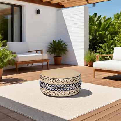 Outdoor Inflatable Ottoman with Air Pump, Embroidery Patio Footrest Stool D21”x H9”, Round Pouf Ottoman with Portable Handle Suitable for Garden, Camping, Bedroom, Living Room - color: Navy Embroidery