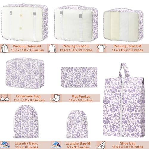 Packing Cubes for Travel - 8 Set Luggage Organizer Bags for Family, Mesh Breathable Packing Cubes for Suitcases Durable Travel Essentials Bags Set - color: Purple Floral
