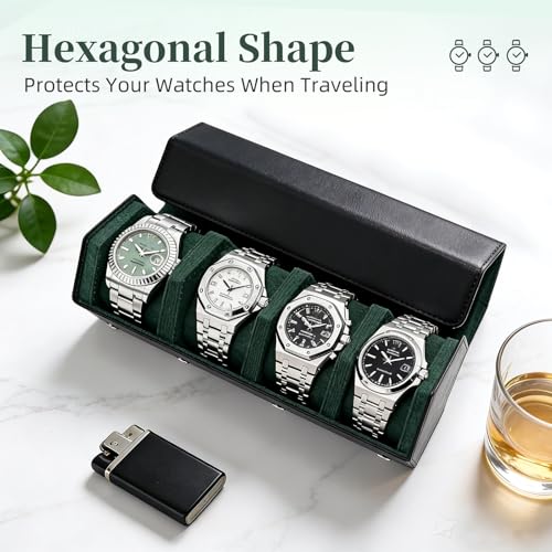 Leather Watch Roll for 4 Watches - Velvet-Lined Travel Case, Luxury Watch Rolls Organizer with Storage & Display for Men (4 Slot-Black Green) - color: 4 Slot-Black Green