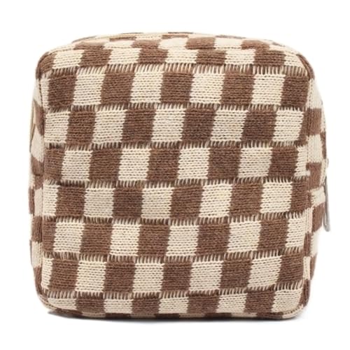 Small Brown Makeup Bag for Purse, Mini Checkered Cosmetic Bag Zipper Cute Make Up Pouch Travel Toiletry Bag Quilted Aesthetic Accessories Makeup Storage Bag Organizer for Women Girls - color: Mini Brown