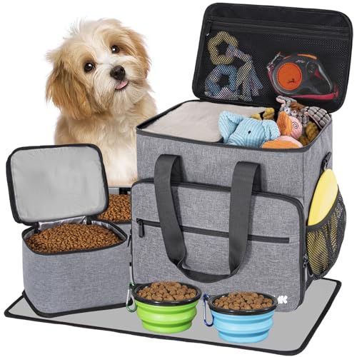 5 Set Dog Travel Bag for Supplies, Dog Lovers, Large Pet Travel Kit Includes 2 Food Containers&2 Collapsible Bowls、Placemats,Grey - color: Wavellite Gray