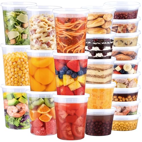 BYSNOW 60 Sets Deli Containers with Lids, 32/16/8 oz X 20 Set Each, Leak-Proof & BPA Free Airtight Stackable Takeout Plastic Food Storage Containers, Freezer/Microwave/Dishwasher Safe