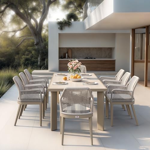 PURPLE LEAF 9 Pieces Patio Dining Set Aluminum Modern Rectangular Table and Rattan Arm Chairs with Cushions for Kitchen Porch Garden Outdoor Furniture Sets, Champagne - color: Champagne-high Armrest, size: 9 PCS, style: Rectangular