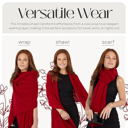 Velanio Cashmere 100% Cashmere Knitted Wrap Pashmina Shawl Extra Large Scarf Stole for Women Travel - color: Cranberry