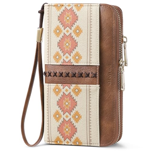 BOSTANTEN Wallets for Women Leather RFID Double Zipper Around Credit Card Holder Large Capacity Wristlet Clutch Wallet - color: Apricot＆brown Floral