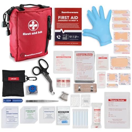 Surviveware 98 Pcs Comprehensive Premium Survival First Aid Kit - Medical Emergency Kit for Travel Camping Gear, Home Essentials & Outdoor Emergencies - HSA & FSA Eligible Survival Kit - style: Travel