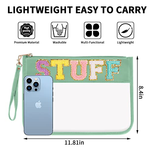 Iqimott Chenille Letter Clear Bag Stuff Pouch, Monogram PVC & PU Makeup Cosmetic Bag Zipper Toiletry Pouch, Waterproof Portable Travel Beach Snack Wristlet Bags for Women Girls(Stuff, Green) - color: Stuff-Green