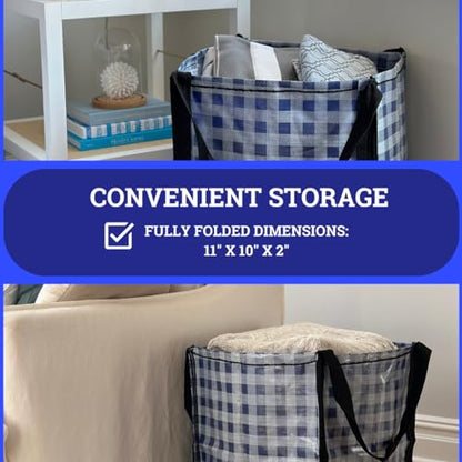 DURASACK Heavy Duty Storage Tote Bag 22-Gallon Rugged Woven Polypropylene Moving Bag, Reusable Self-Standing Design, Holds up to 500 Pounds, Pack of 4, Gingham Blue - color: Gingham Blue, size: Pack of 4