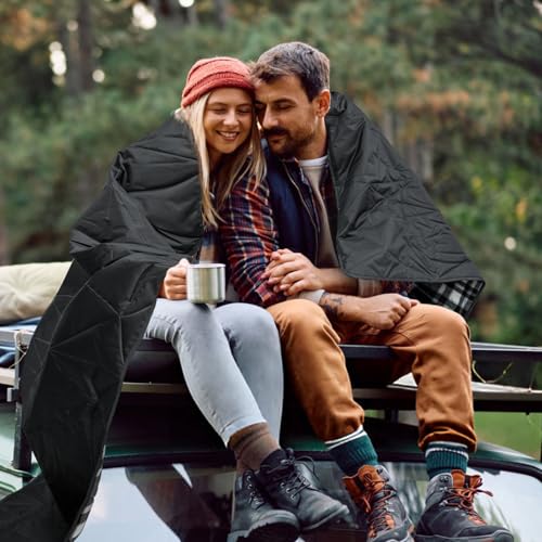 Large Outdoor Waterproof Blanket Extra Thick Fleece Stadium Blanket for Camping, Car, Pet, Picnics - Windproof, Wearable, Machine Washable 80" x 58" (Black Check) - color: Black Check