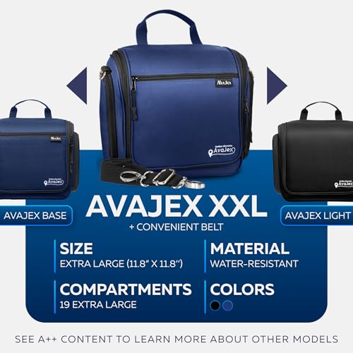 Extra Large (11.8”x11.8”x4”) Hanging Travel Toiletry Bag for Men and Women - Cosmetic Travel Bag With Shoulder Strap - Waterproof Hygiene Bag with Metal Swivel Hook and 19 Compartments for Toiletries - color: XXL Navy Blue