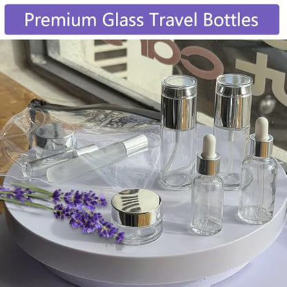 18Pack Glass Travel Bottles for Toiletries, TSA Approved Glass Travel Containers 1.35/0.7/1 oz Silver Small Travel Bottles with Label, BPA Free Leak Proof with Pump Spray Bottles for Makeup, Skincare - color: Silver-transparent glass