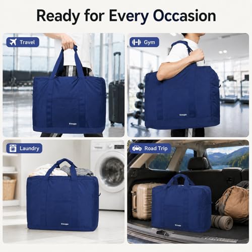 Foldable Travel Duffle Bag with Trolley Sleeve 40L Capacity, Lightweight Packable Travel Duffel Bags with the Keyhole Zipper, Weekender Overnight Nylon Carry on Bag for Men & Women, Blue - color: Blue
