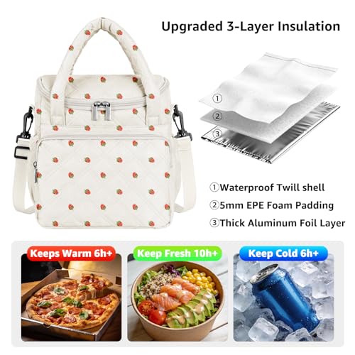 Women's Insulated Lunch Tote Bag - Inch Quilted Lunch Box for Women, Large Waterproof Cooler Bag with Pockets for Work, Picnic, Adult (strawberry) - color: Strawberry