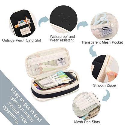 MAMUNU Expandable Pencil case with compartments, Large Capacity Pencil Cases Pencil Bag Pouch Office School, Portable Pencil Case Large School Stationery Organizer, Makeup Cosmetic Bag (Black) - color: Black