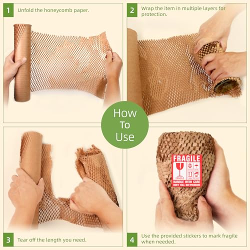 Honeycomb Packing Paper 12" x 55 ft - Eco-Friendly Cushioning Wrap for Moving, Shipping, and Packaging | Recyclable Alternative to Bubble Wrap Roll | Packing Paper for Fragile Items & Electronics - size: 12'' x 55 ft