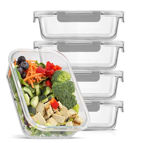JoyJolt Glass Food Storage Containers with Lids. 5 Pack Glass Meal Prep Containers Reusable 35oz Single Compartment Airtight Container Set. Lunch Containers for Adults and Kitchen Storage Containers - color: Gray