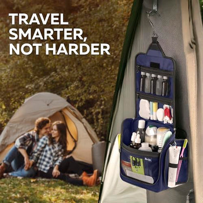 Extra Large (11.8”x11.8”x4”) Hanging Travel Toiletry Bag for Men and Women - Cosmetic Travel Bag With Shoulder Strap - Waterproof Hygiene Bag with Metal Swivel Hook and 19 Compartments for Toiletries - color: XXL Navy Blue