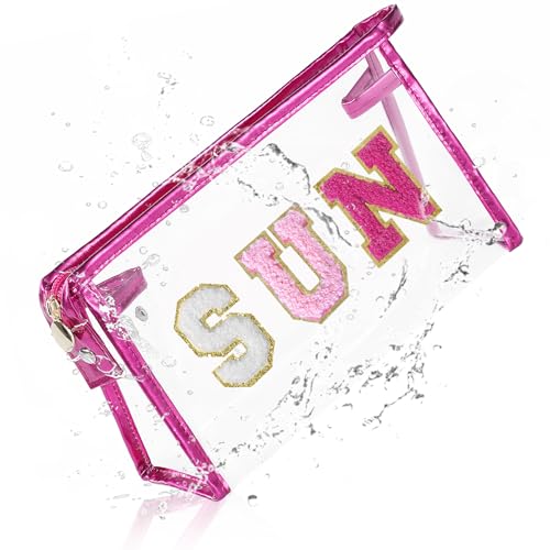 COSHAYSOO Sunscreen Bag Clear Makeup Toiletry Pouch Beach Vacation Essentials for Women Teen Girls Trip Gifts Summer Pool Travel Must Have Accessories Waterproof Stuff - color: Pink-SUN