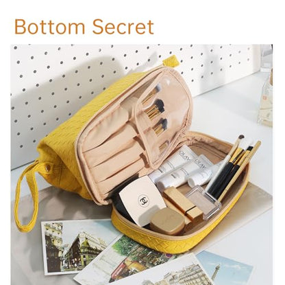 Abiudeng Large Capacity Makeup Bag Ladies Cosmetic Bag Travel Bag with Compartments Portable PU Leather Travel Makeup Bag with Handle - color: Lozenge-Yellow