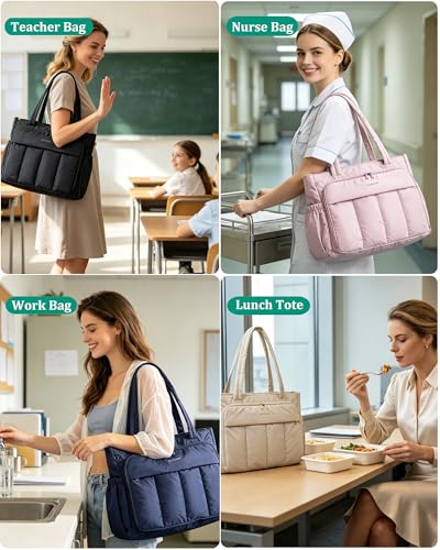BAGSMART Laptop Tote Bag, Lunch Tote Work Bag with Lunchbox Compartment, Large Puffer Teacher Nurse Tote Large Shoulder - color: Beige