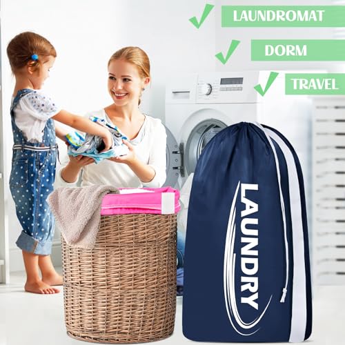 Sylfairy 2 Pack XL Laundry Bag with Strap,Heavy Duty Travel Laundry Bag,Rip-Stop Dirty Clothes Shoulder Bag with Drawstring,Easy Fit a Laundry Hamper or Basket Travel Essentials - color: Rose red+Navy blue