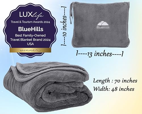 BlueHills Premium Soft Long Travel Blanket Pillow for Tall Airplane Flight Blanket Throw in Soft Bag case with Hand Luggage Belt & Backpack Clip Compact Pack Large Grey Gray T052 - color: Gray-long-t052