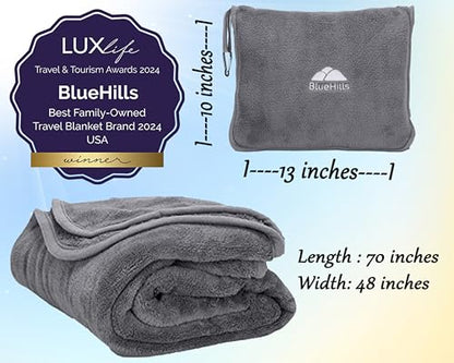 BlueHills Premium Soft Long Travel Blanket Pillow for Tall Airplane Flight Blanket Throw in Soft Bag case with Hand Luggage Belt & Backpack Clip Compact Pack Large Grey Gray T052 - color: Gray-long-t052