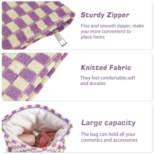 ZLFSRQ 3Pcs Checkered Makeup Bag for Women Large Small Checkered Cosmetic Bag Set Aesthetic Preppy Pencil Case Cute Pencil Pouch Purple Makeup Pouch for Purse Travel Toiletry Bags Zipper Skincare Bags - color: B-Checkered 3Pcs Mix Purple