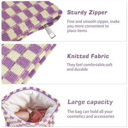 ZLFSRQ 3Pcs Checkered Makeup Bag for Women Large Small Checkered Cosmetic Bag Set Aesthetic Preppy Pencil Case Cute Pencil Pouch Purple Makeup Pouch for Purse Travel Toiletry Bags Zipper Skincare Bags - color: B-Checkered 3Pcs Mix Purple