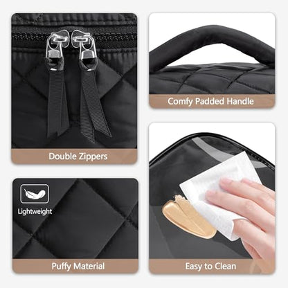 Travel Makeup Bag with 4 Clear Cases, Large Quilted Cosmetic Organizer for Women, Puffy Storage Bag for Cosmetics, Photos or Pill Bottles, Black (Empty Bag)
