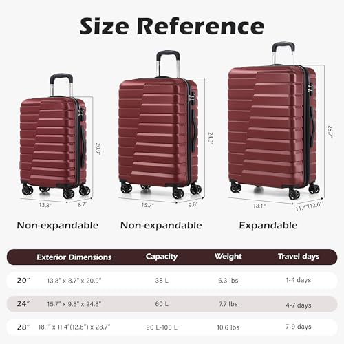 Coolife Luggage Sets, 3 Piece Hard Shell Suitcase Set with Spinner Wheels, Expandable Large Checked Luggage, Lightweight Rolling Carry On with TSA Lock Wine Red - color: wine red, size: 3 Piece Set (20in/24in/28in)