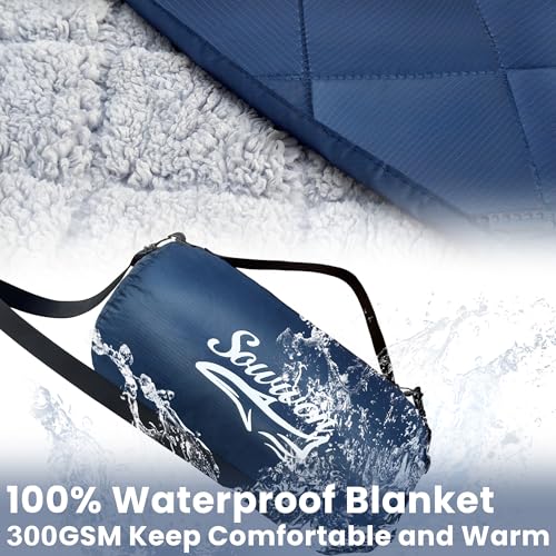 Waterproof Outdoor Blanket 82”X 55” Packable, Stadium Blankets for Camping with Sherpa Fleece Lining, Large Windproof Emergency Mat for Garss Picnic Hiking Road Trip, Machine Washable, Navy 300GSM - color: Sherpa Navy-300 Gsm, size: 82"x 55"
