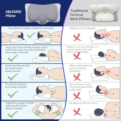 ABLEGRID Dual-Layer Memory Foam Cervical Neck Support Pillow,Contour Cooling Gel Pillow for Neck Shoulder Pain Relief,Ergonomic Orthopedic Adjustable Deep Sleep Bed Pillow for Side,Back,Stomach Sleep