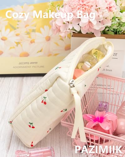 PAZIMIIK 3PCS Makeup Bag SET Large Travel Quilted Zipper Soft Cosmetic Case Pouch for Women Girls Make Up,Cherry Beige - color: Cherry Beige, size: 3 PCS SET