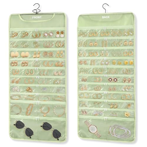 FOREGOER Hanging Jewelry Organizer with 88 Zippered Pockets, Dustproof Foldable for Travel, Accessories Organizer for Holding Jewelries, Earring Organizers and Storage (Green) - color: 88 pocket green