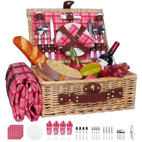 Picnic Baskets Wicker Willow Picnic Set for 4 Persons with Insulated Cooler Bag and Waterproof Pink Plaid Picnic Blanket Gift for Christmas Thanksgiving Wedding Birthday Camp Outdoor Beach Travel - color: Vintage Pink Red